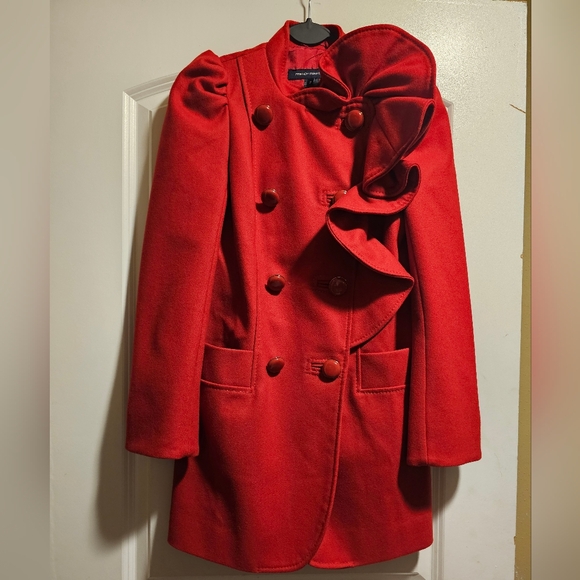 French Connection Jackets & Blazers - French Connection Red Pea Coat with Ruffle Detail